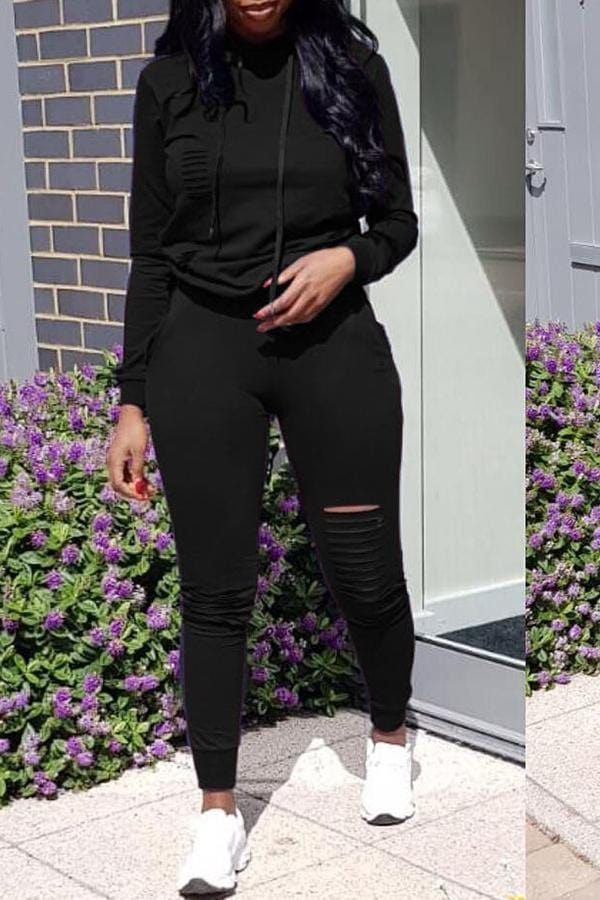 casual-hooded-collar-broken-holes-black-blending-two-piece-pants-set