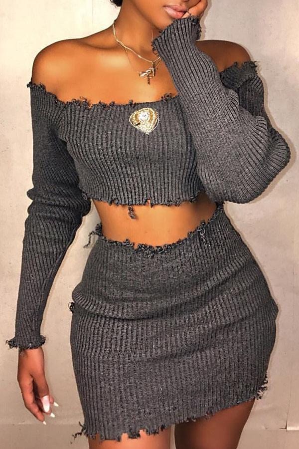 Casual Dew Shoulder  Grey Knitting Skirt Set - VogueRegion