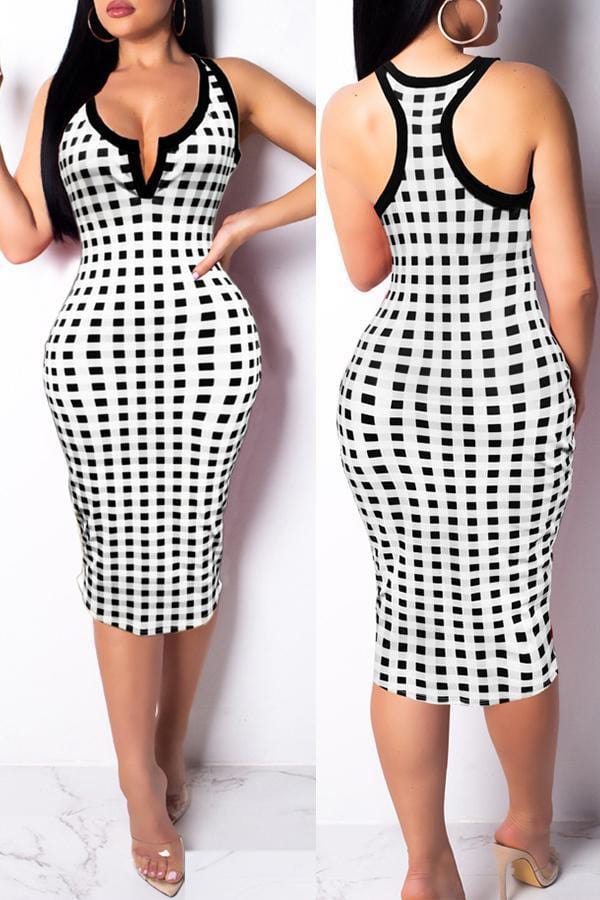 trendy-grids-printed-black-twilled-satin-knee-length-dress