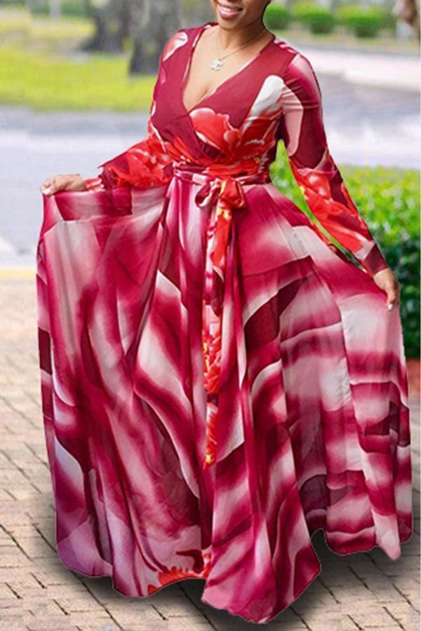 casual-printed-red-floor-length-dress