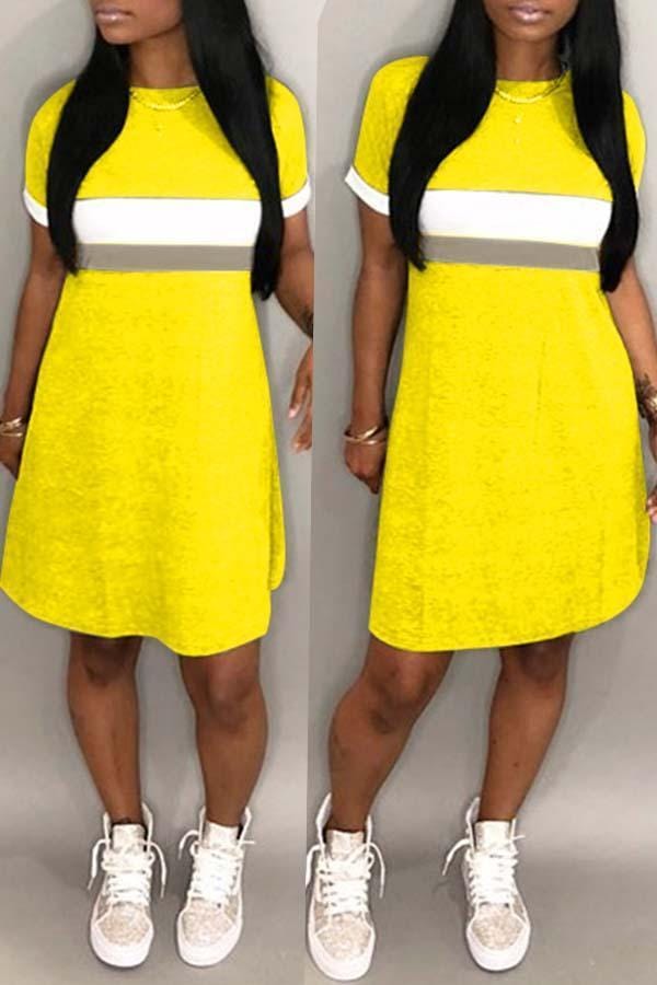 casual-patchwork-yellow-knee-length-dress