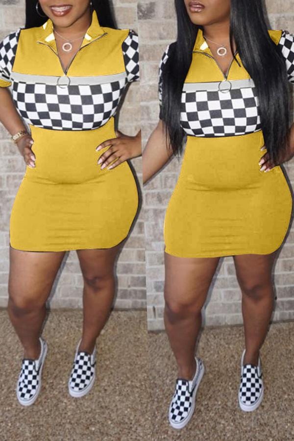casual-grid-printed-yellow-mini-dress