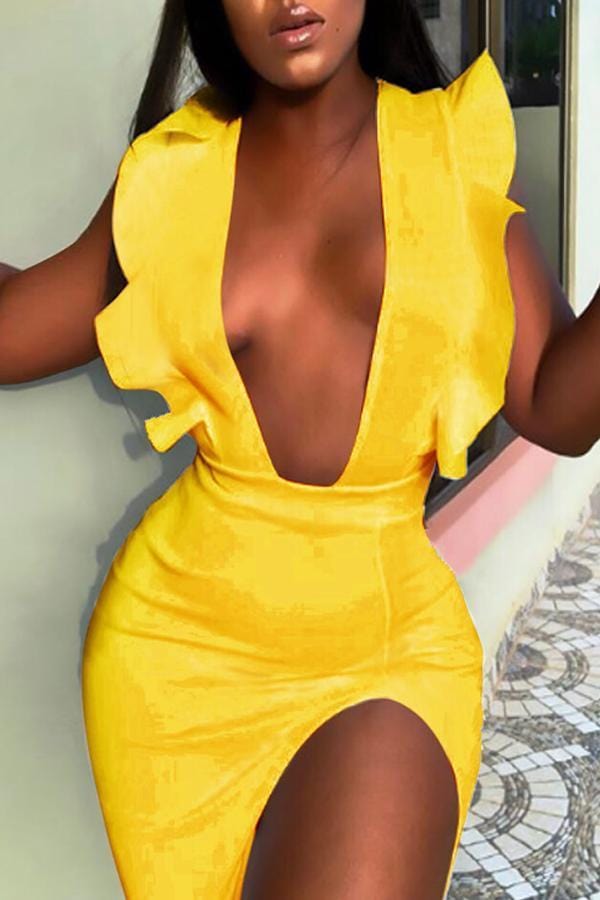 sexy-deep-v-neck-yellow-mini-dresswith-elastic
