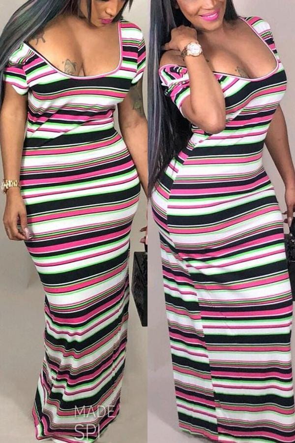 striped-print-hip-package-short-sleeve-dress