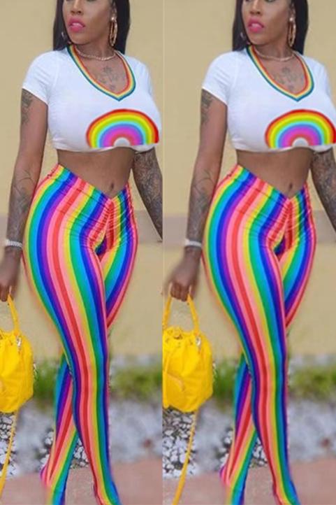 fashion-rainbow-print-stripe-two-pieces
