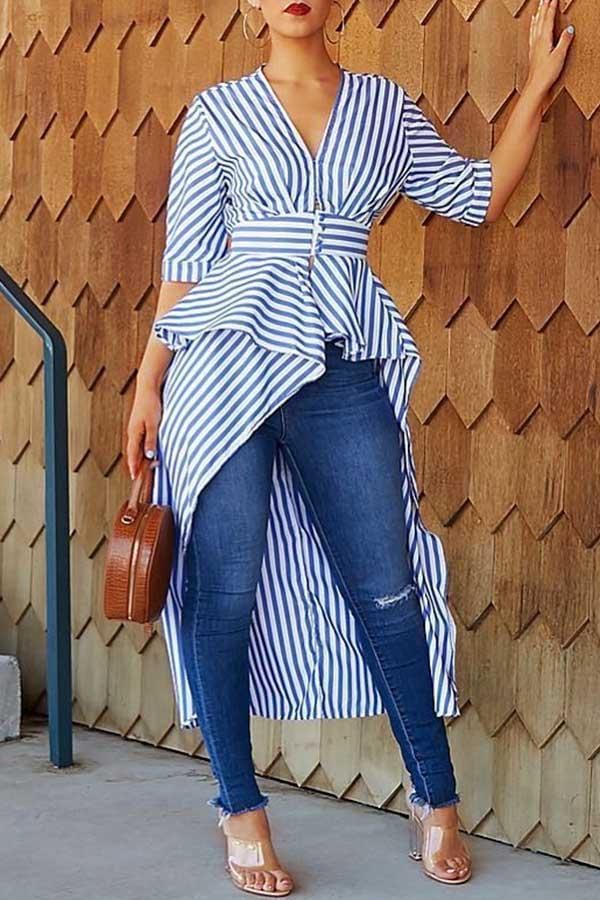 multi-length-half-sleeve-modern-striped-v-neck-high-low-shirt-1
