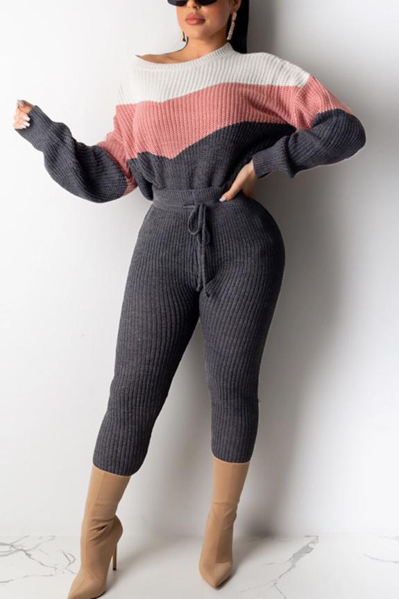 casual-contrast-color-patchwork-belted-sweater-two-piece