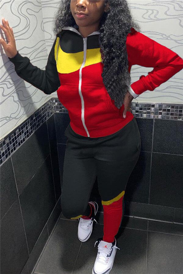 casual-sportswear-turndown-collar-patchwork-two-pieces