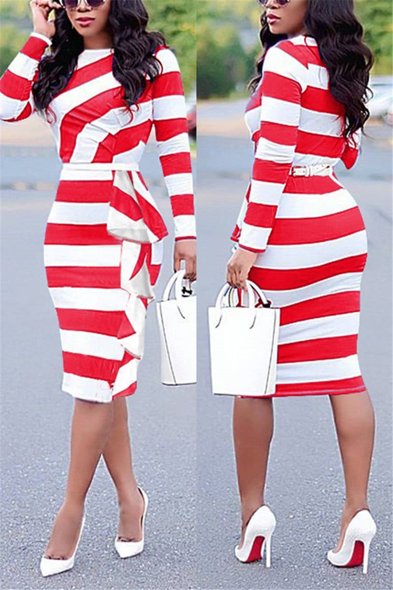 fashion-stripe-print-long-sleeved-ruffle-dress