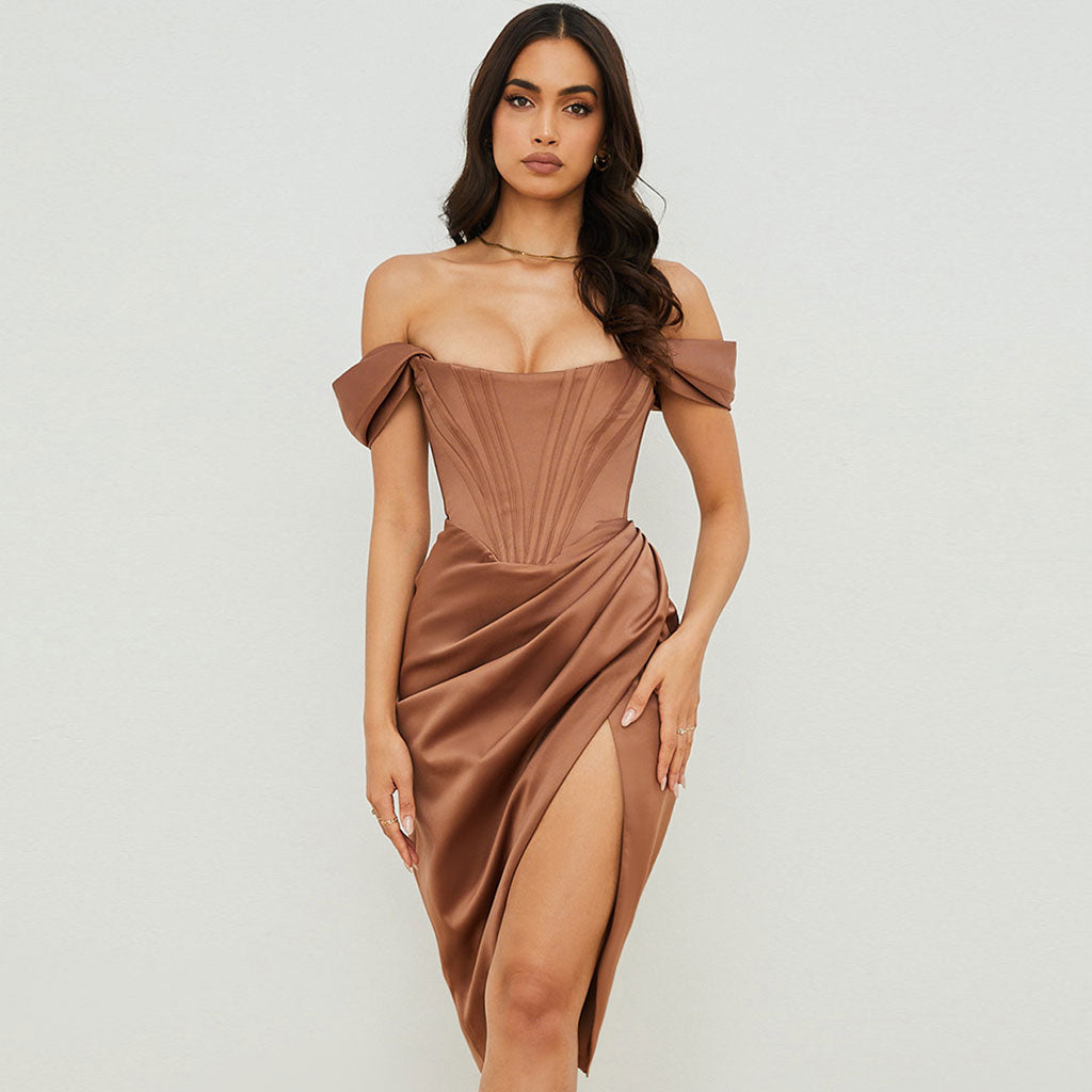 freeshipping-sale-fashion-style-dateoutfit-glossy-satin-off-shoulder-draped-corset-cocktail-midi-dress-chocolate
