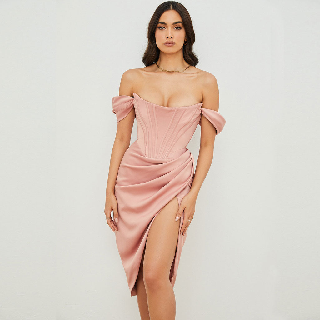 freeshipping-sale-fashion-style-dateoutfit-glossy-satin-off-shoulder-draped-corset-cocktail-midi-dress-pink