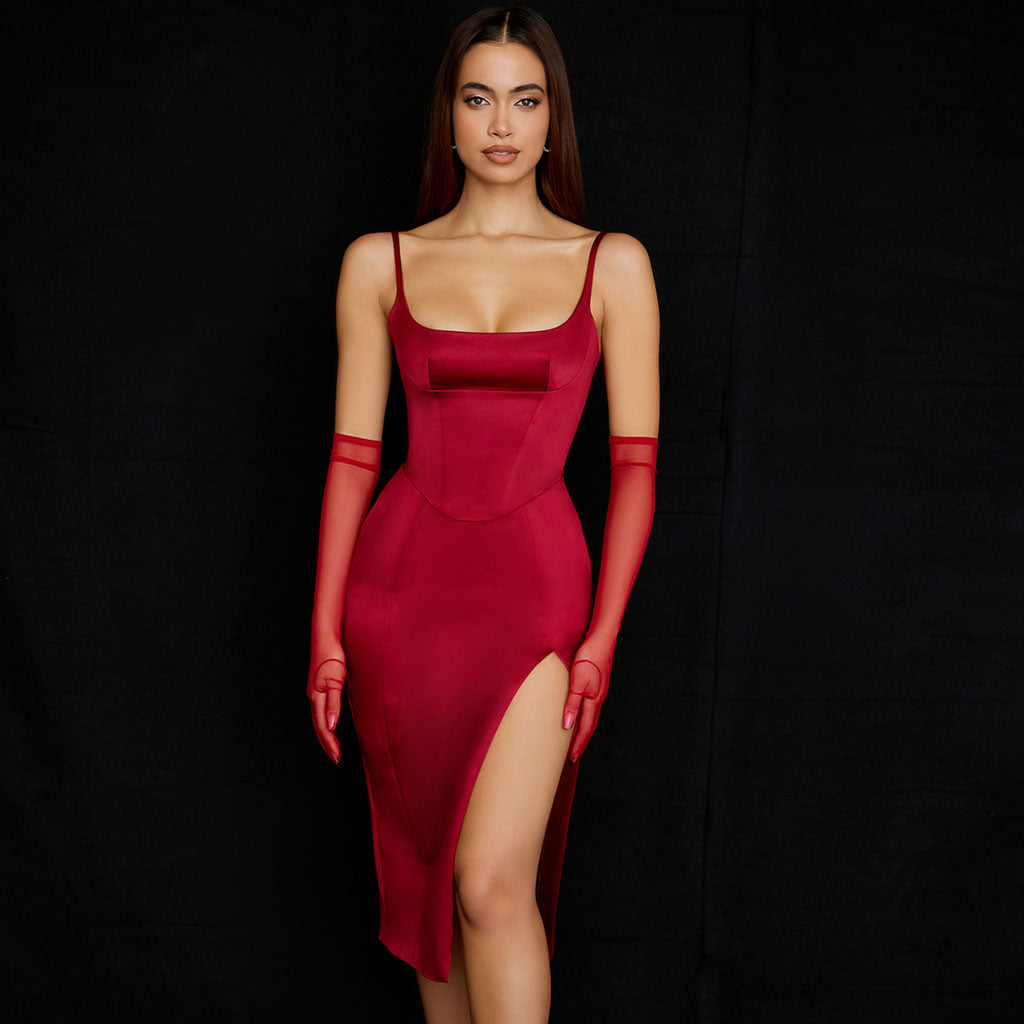 freeshipping-sale-fashion-style-dateoutfit-glossy-satin-scoop-neck-high-slit-corset-midi-dress-red