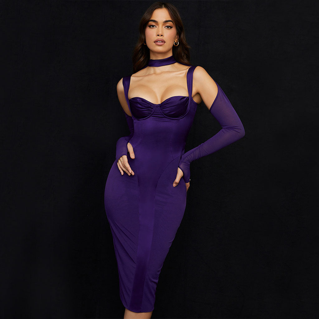 freeshipping-sale-fashion-style-dateoutfit-modern-satin-mesh-cold-shoulder-long-sleeve-midi-dress-purple