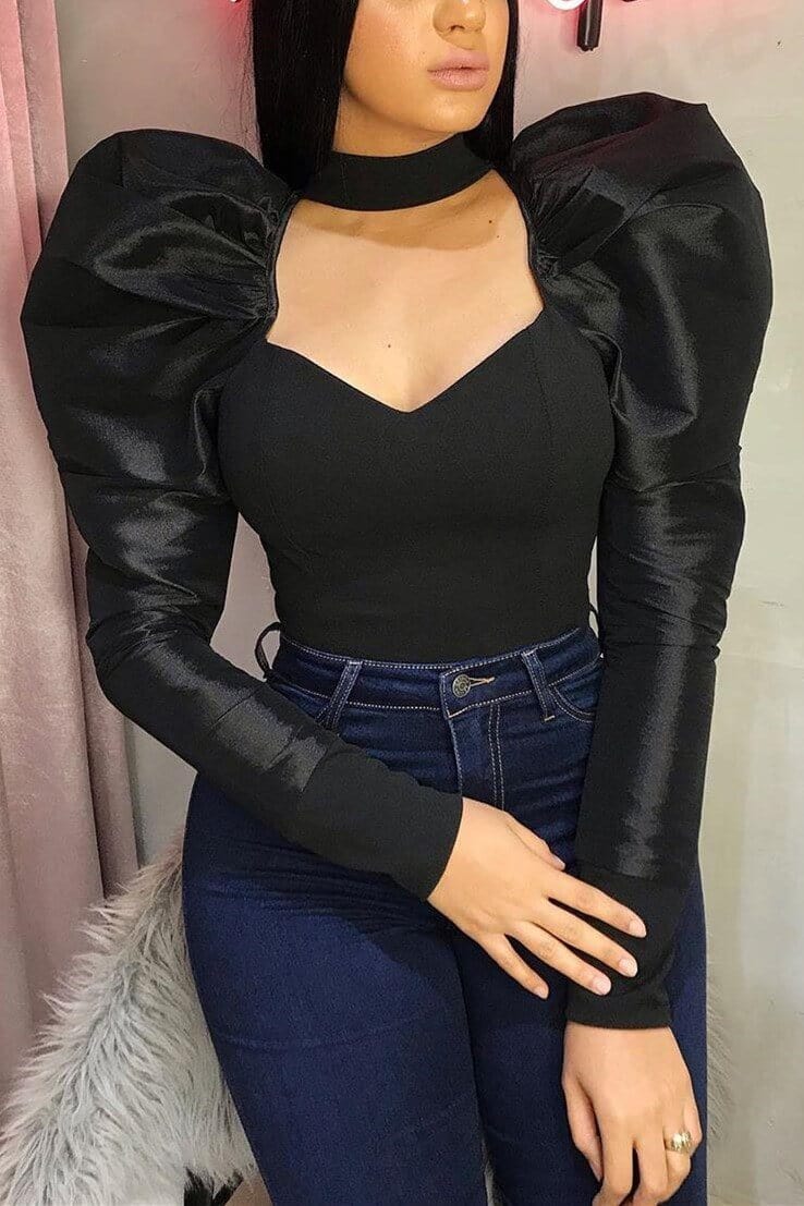 sexy-v-neck-splicing-puff-sleeve-top