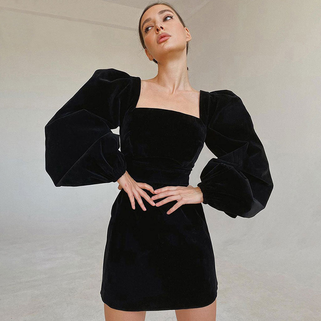 freeshipping-sale-fashion-style-dateoutfit-vintage-puff-sleeve-square-neck-velvet-party-mini-dress-black