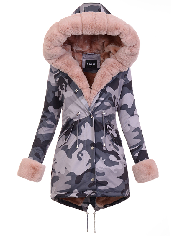 women's winter fur coat camouflage jacket with pink