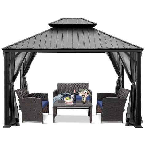 Tangkula 12ft x 10ft Patio Hardtop Gazebo Double Vented Roof Outdoor Galvanized Steel Sun Shelter Brown/Gray, image 5 of 8 slides
