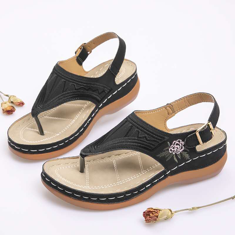 Beach Shoes Women's Sandals Ladies Clip Toe Wedges Thong Shoes 2021 Fashion Embroidery Platform Buckle Casual Female