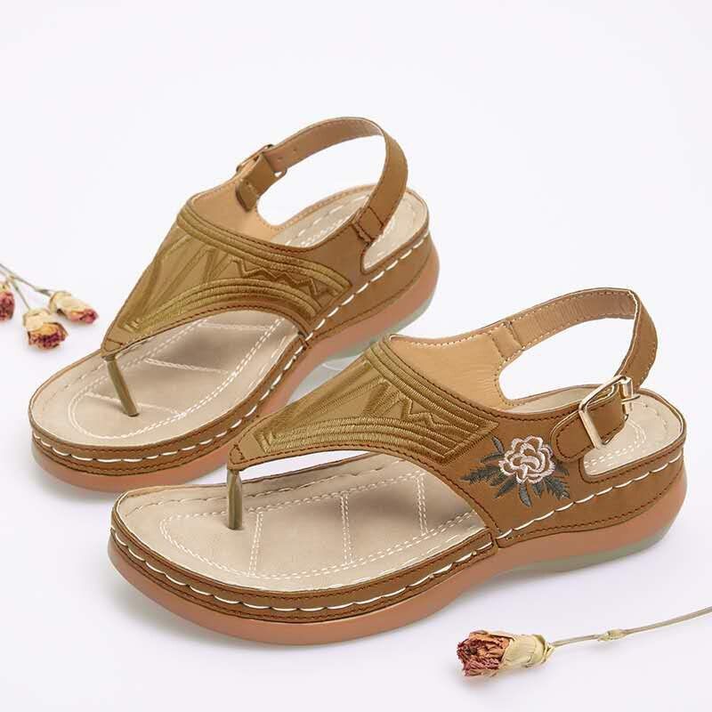 Beach Shoes Women's Sandals Ladies Clip Toe Wedges Thong Shoes 2021 Fashion Embroidery Platform Buckle Casual Female