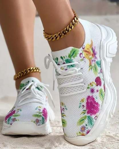 Floral Print Lace-up Breathable Sneakers