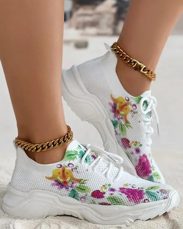 Floral Print Lace-up Breathable Sneakers