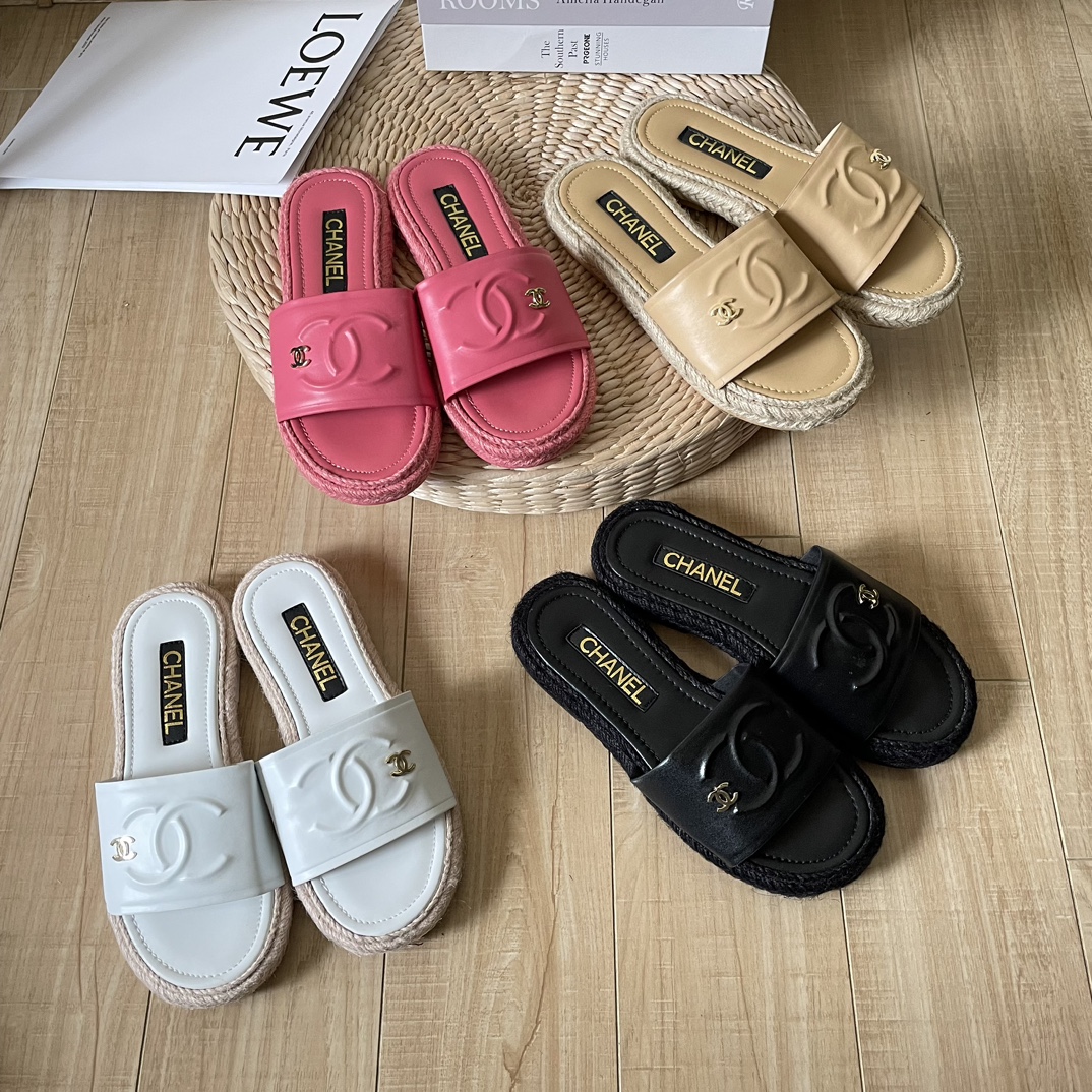 Chanel 2023 top counter early spring new C buckle straw fisherman slippers