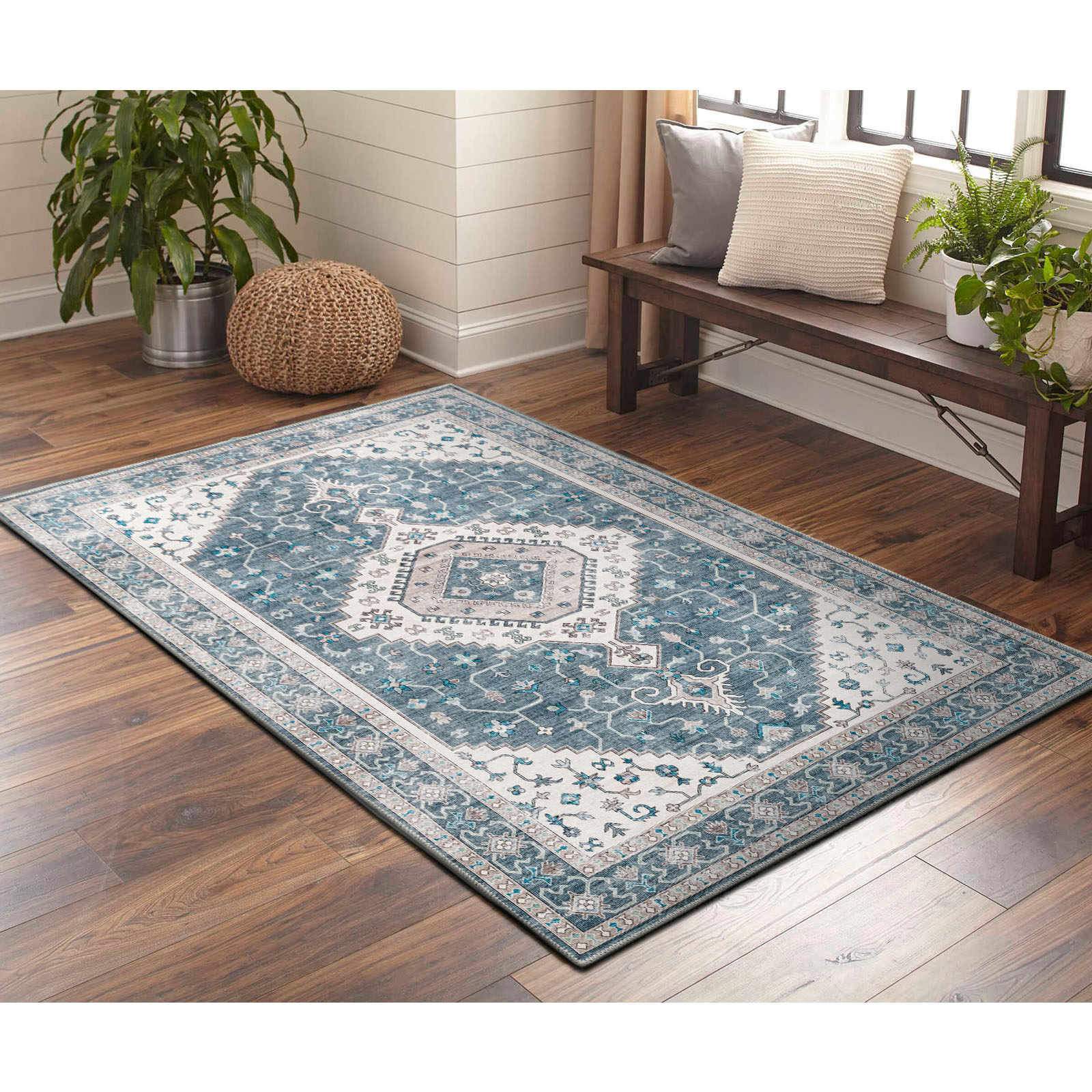 Serein Machine Washable and Foldable Vintage Non-Slip Area Rug Blue/Orange
