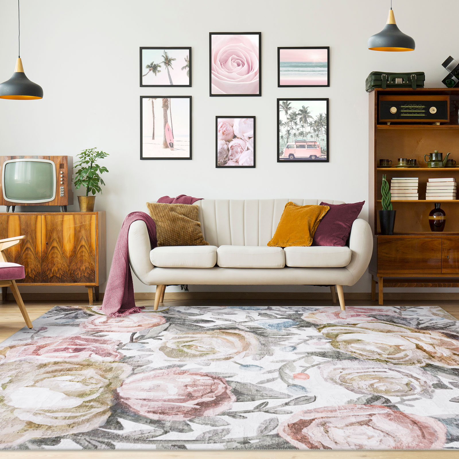 Machine Washable Modern Floral  Area Rug Multicolored