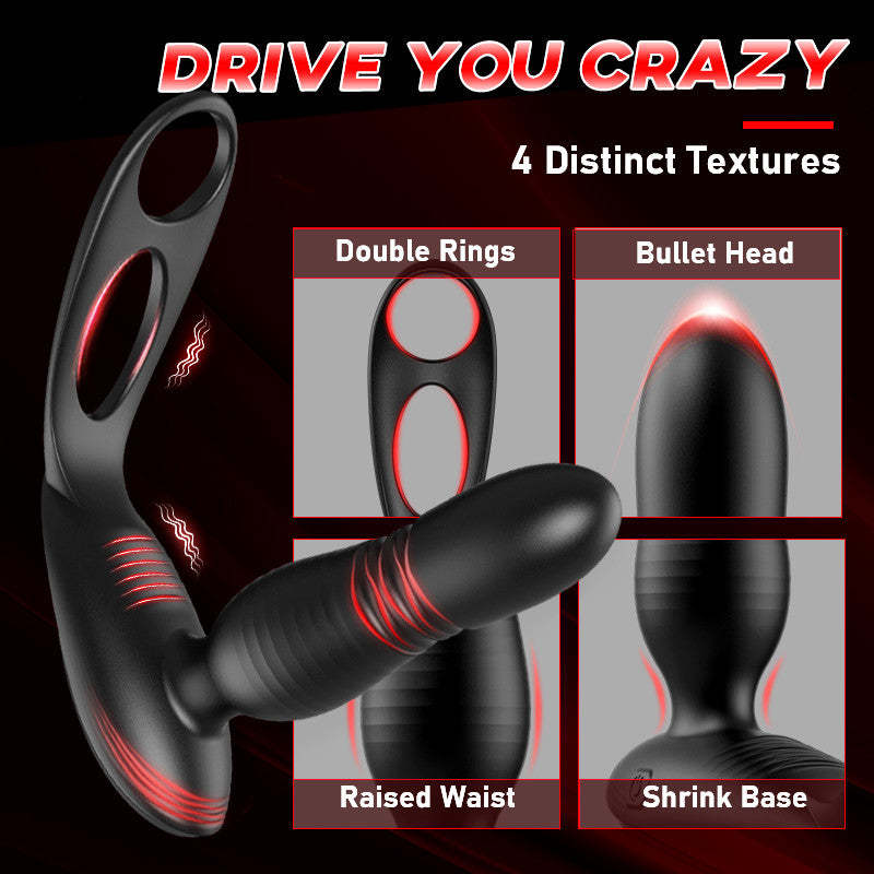 Alston Low-Noise 10 Thrusting Vibrating Double Cock Rings Silicone Prostate Massager-BestGSpot