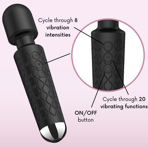 Cycle through 8 vibration intensities. Cycle through 20 vibrating functions. On and off button.