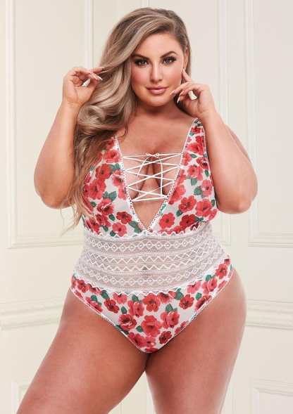White Floral & Lace Teddy With Lace-Up Front-BestGSpot