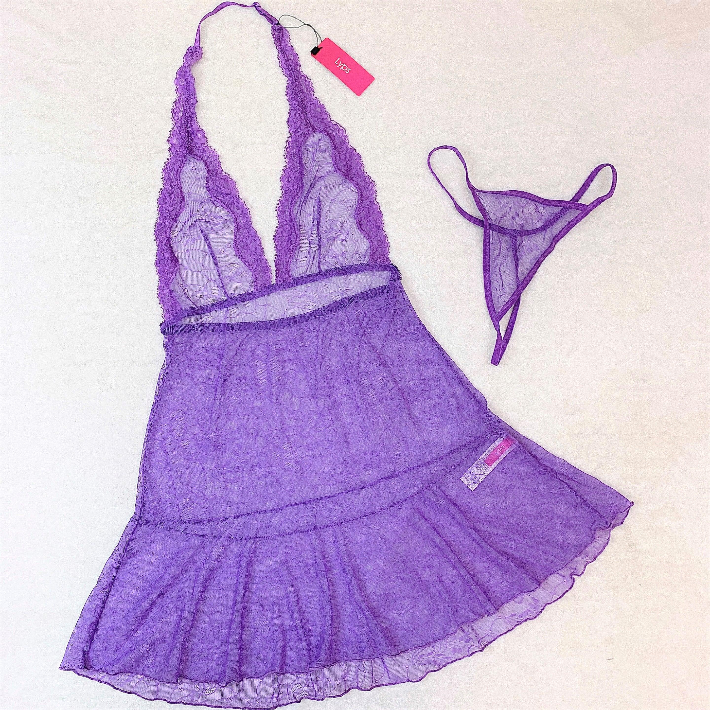 Purple Lace Halter Chemise Lingerie Set - Alluring Sophistication-BestGSpot