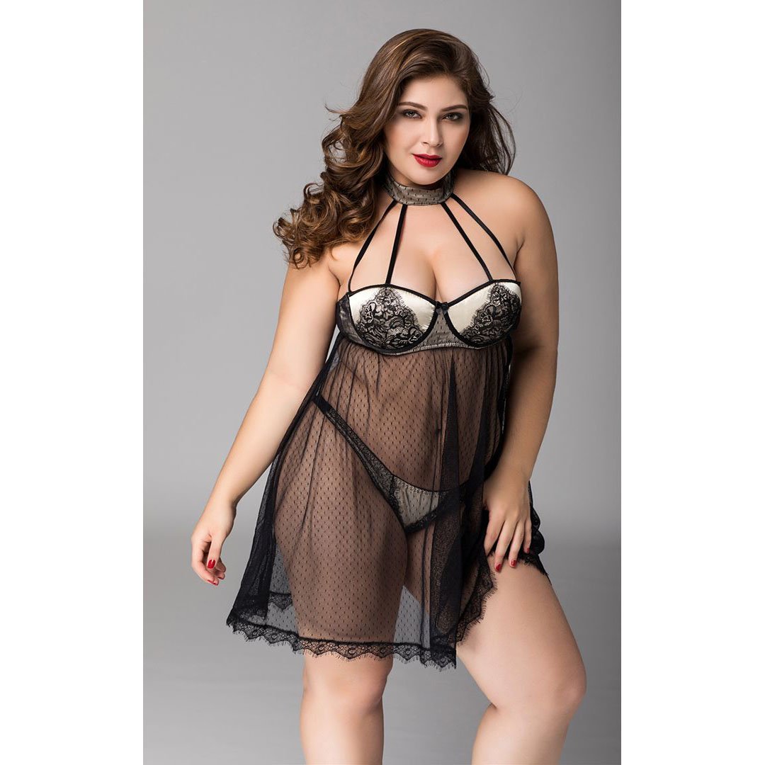 Black Sheer Lace Babydoll - Queen Size-BestGSpot