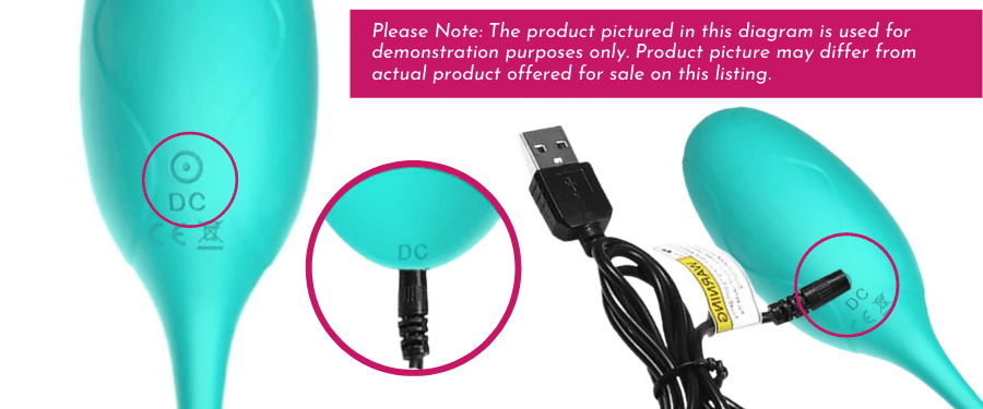 Image displaying how to find and charge a silicone rechargeable product by piercing the silicone covered hole below the lettering 'DC' on the back of the product.