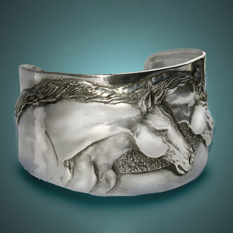 Two Horse Heads cuff bracelet in silvery pewter handmade USA