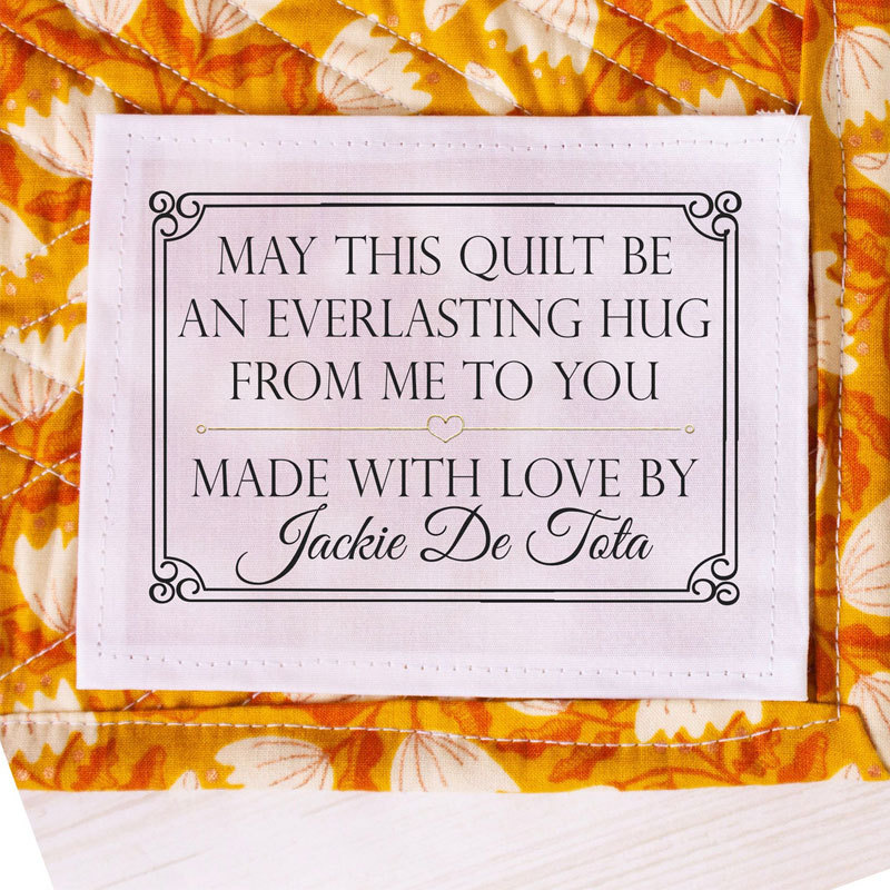 Personalized quilt labels in cotton or Polyester with sew-on or iron o