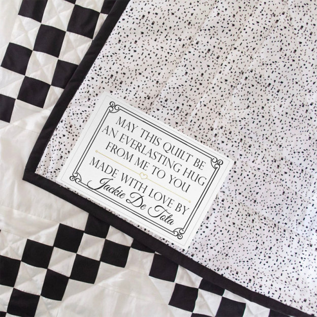 Personalized quilt labels in cotton or Polyester with sew-on or iron on backing. Printed