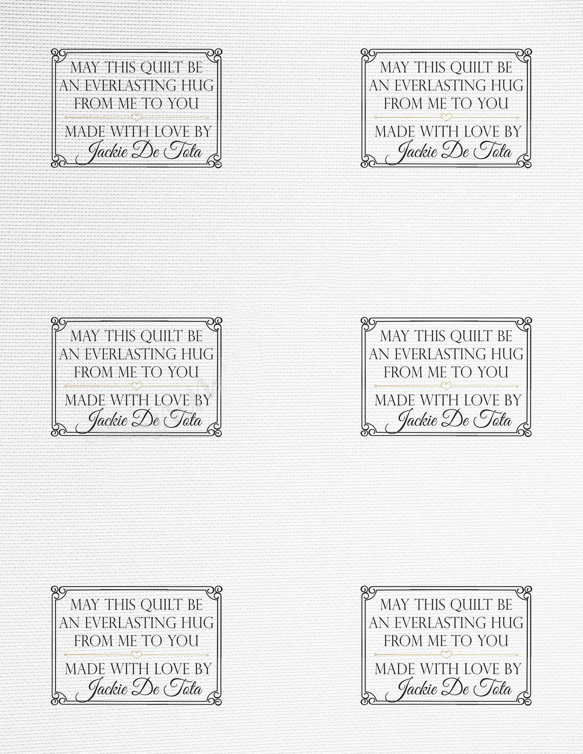 Personalized quilt labels in cotton or Polyester with sew-on or iron on backing. Printed
