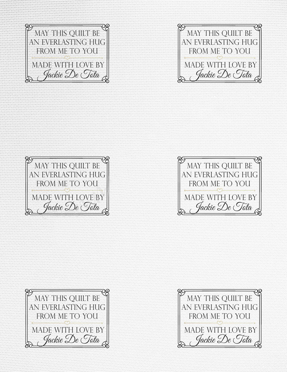 Personalized quilt labels in cotton or Polyester with sew-on or iron on backing. Printed