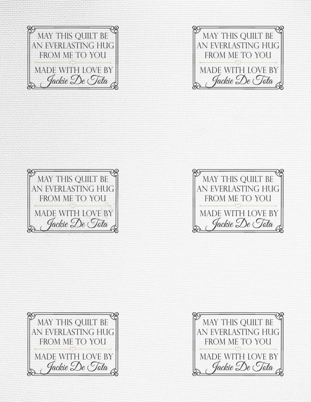Personalized quilt labels in cotton or Polyester with sew-on or iron on backing. Printed