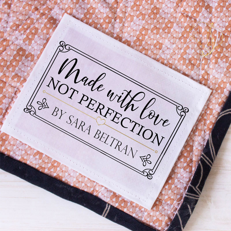 Personalized quilt labels in cotton or Polyester with sew-on or iron on backing. Printed