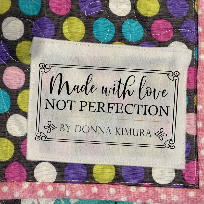 Personalized quilt labels in cotton or Polyester with sew-on or iron on backing. Printed