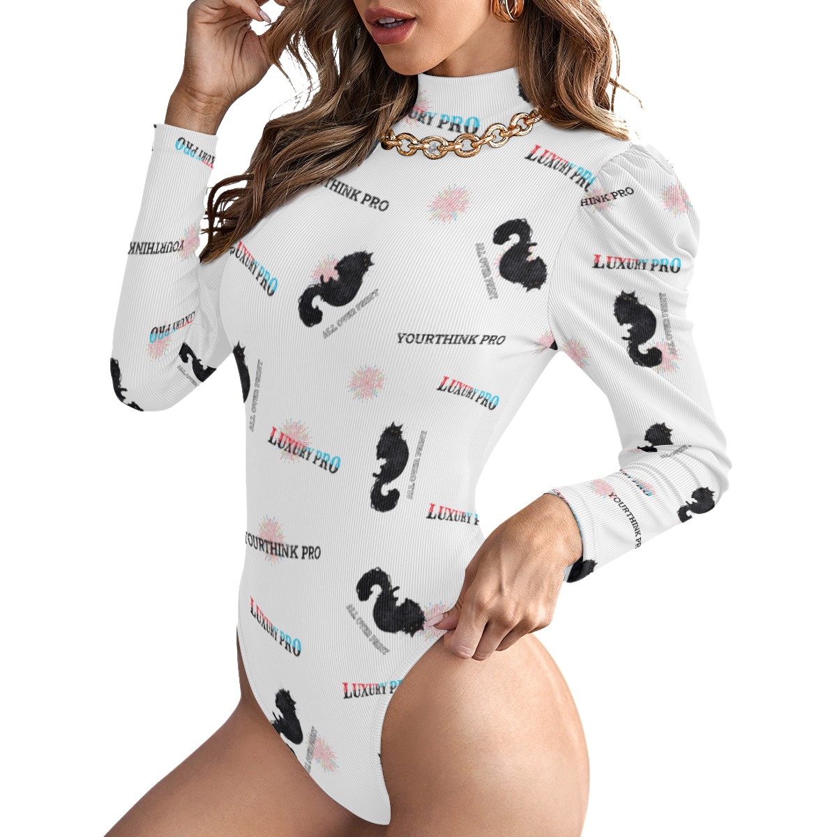 Women's Turtleneck Bodysuit With Puff Sleeve