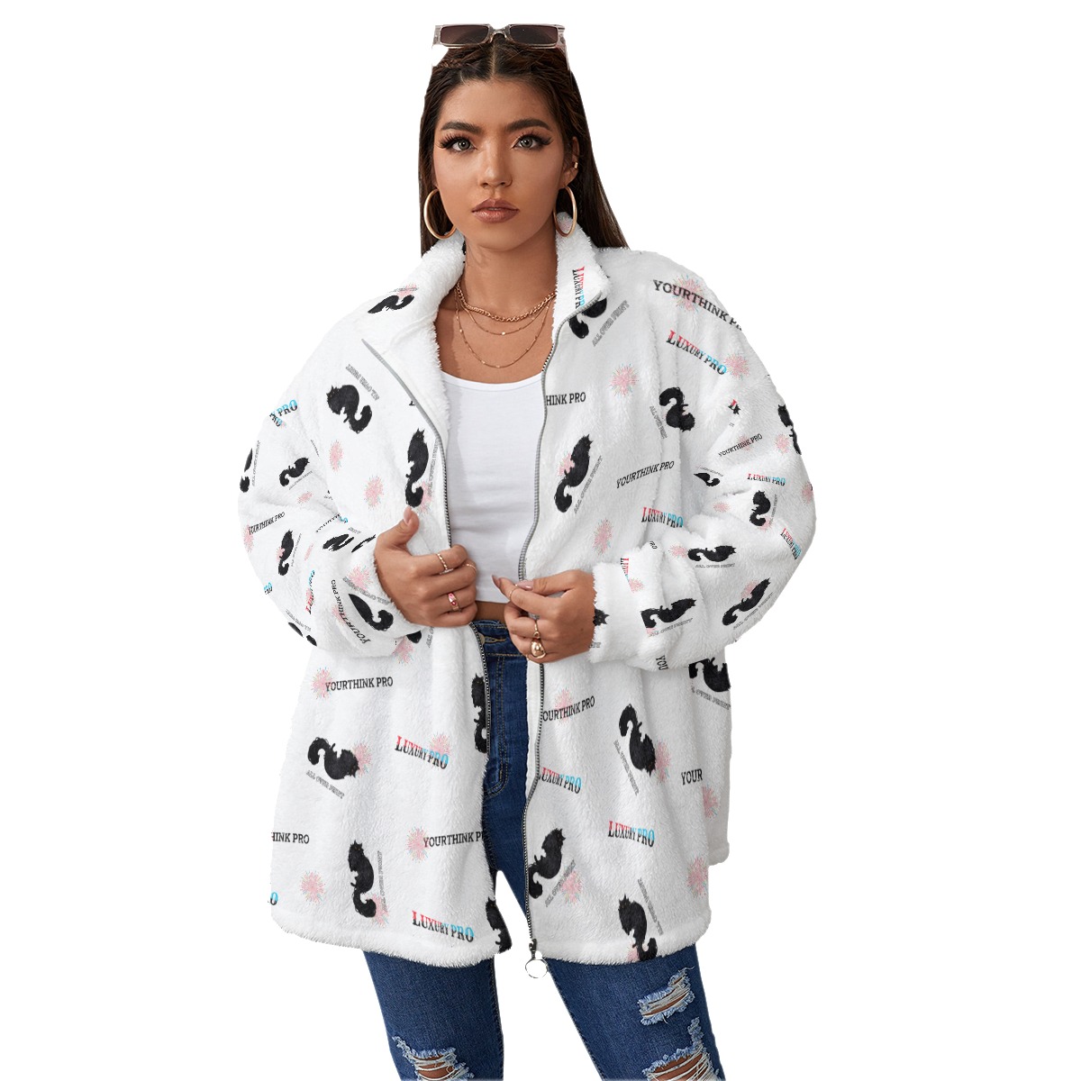 Women's Borg Fleece Stand-up Collar Coat With Zipper Closure(Plus Size)