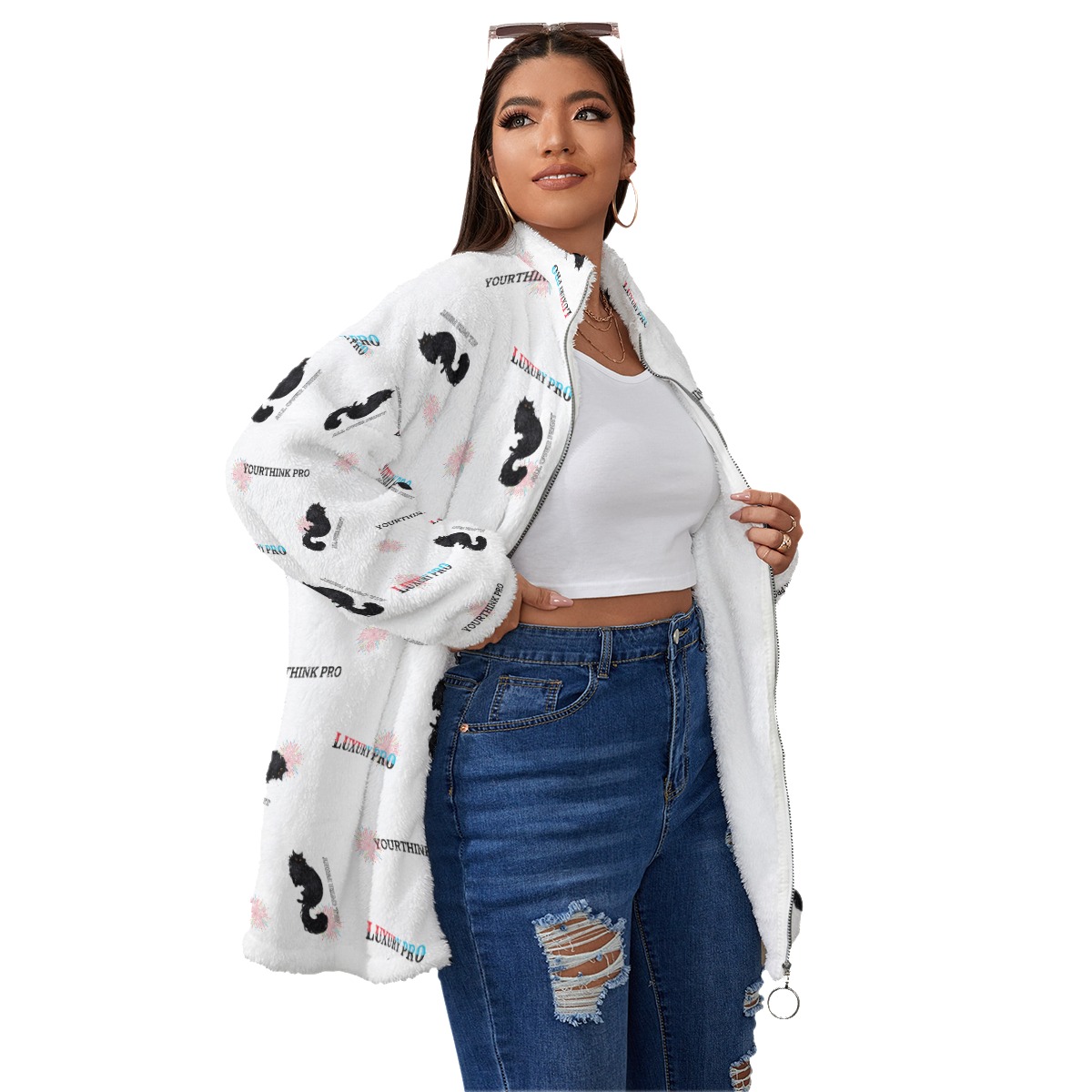 Women's Borg Fleece Stand-up Collar Coat With Zipper Closure(Plus Size)