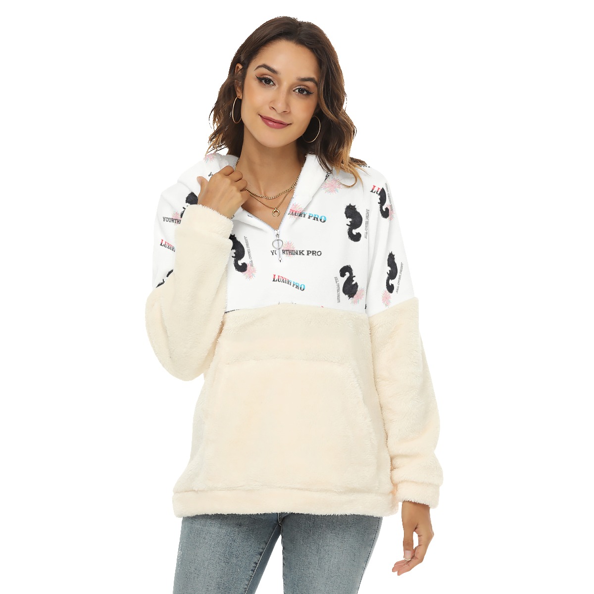 Women's Borg Fleece Hoodie With Half Zip