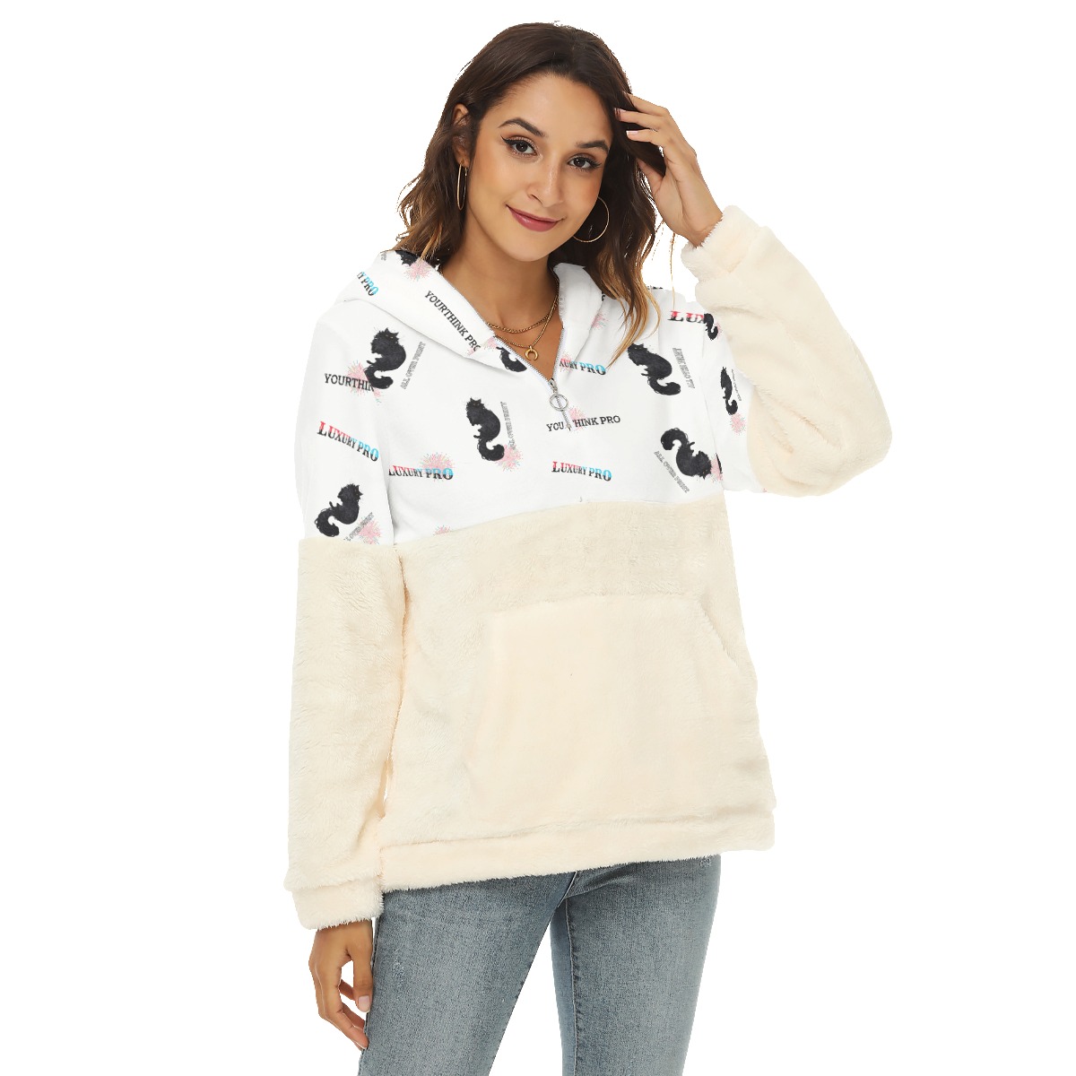 Women's Borg Fleece Hoodie With Half Zip