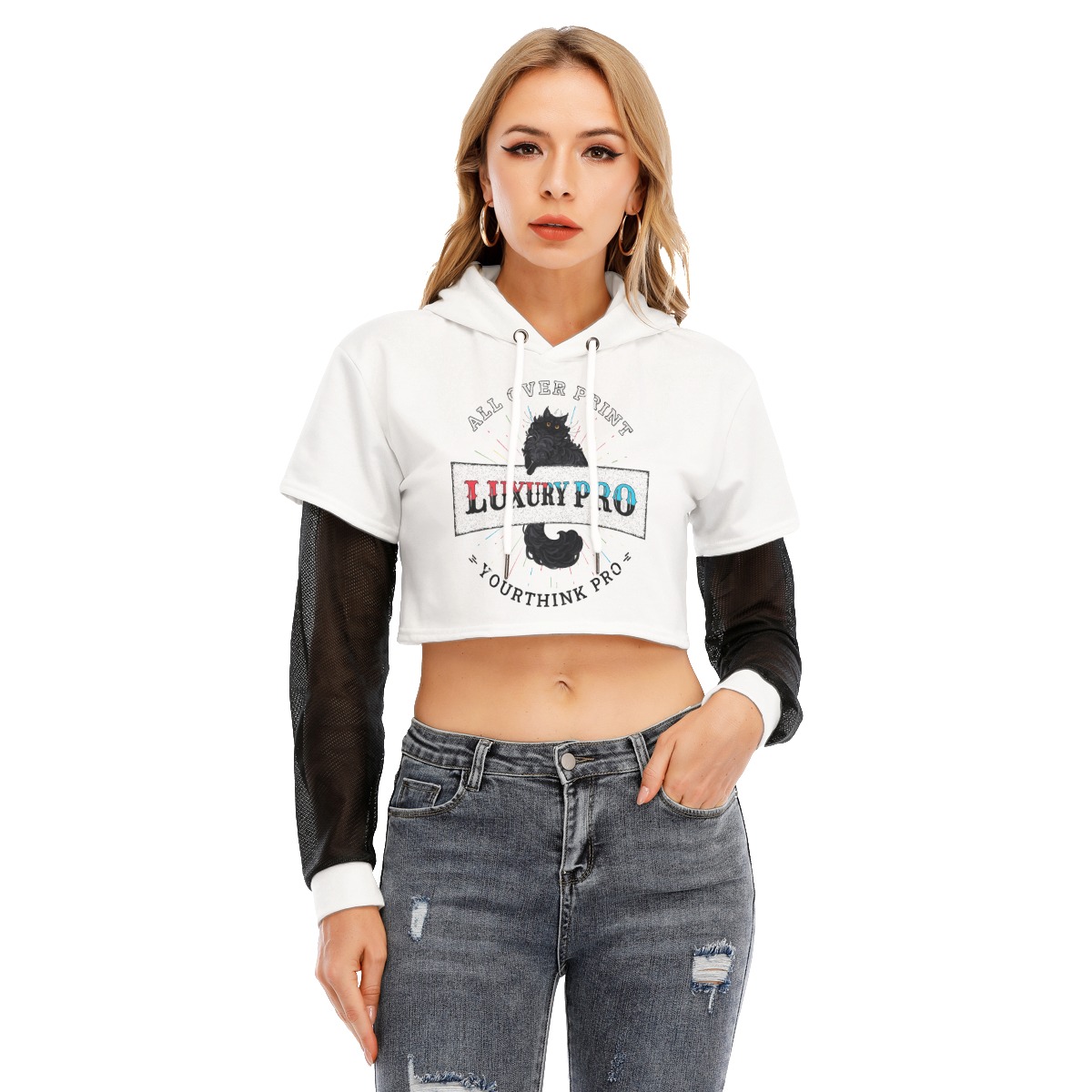 Women's Fake Two-piece Mesh Sleeve Cropped Hoodie