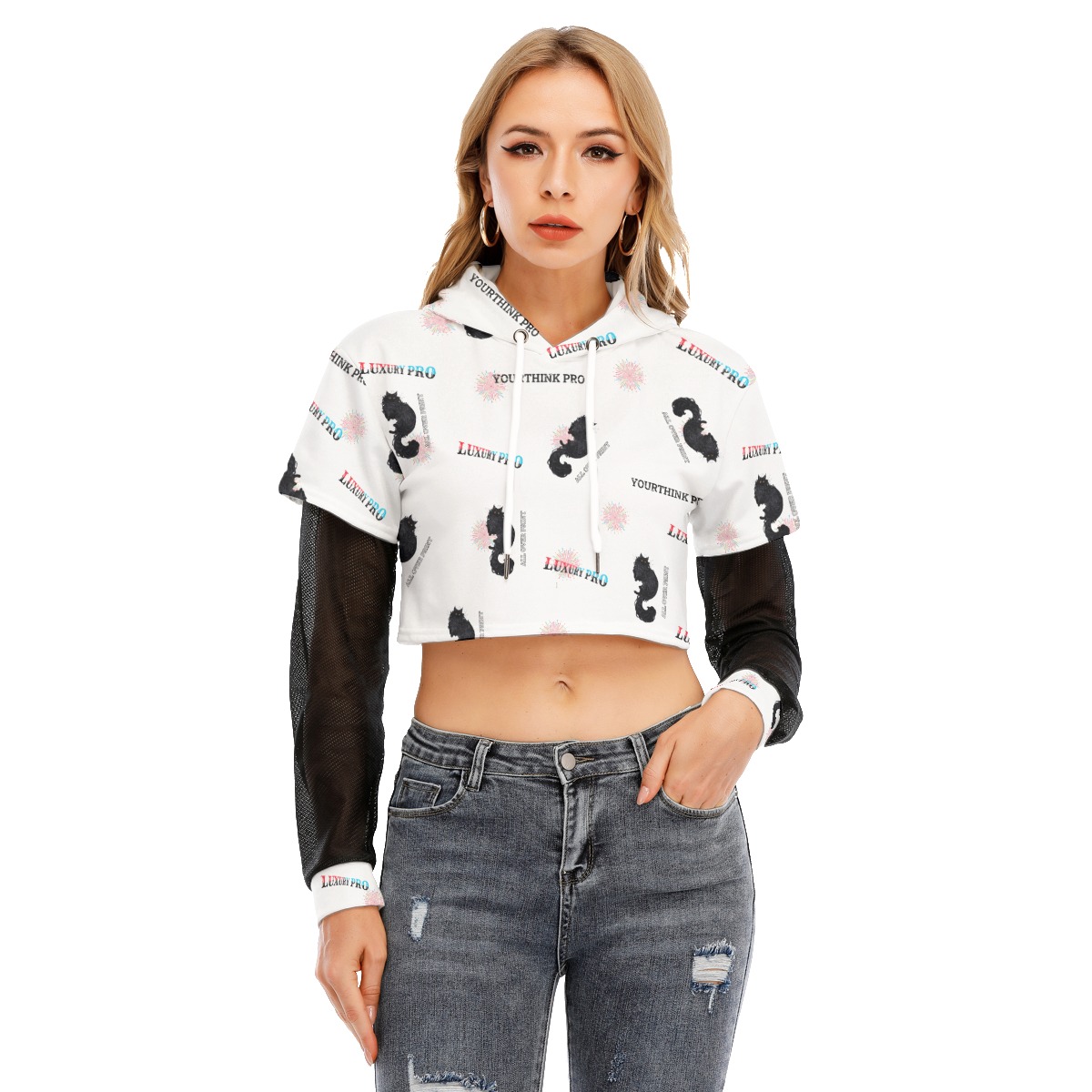 Women's Fake Two-piece Mesh Sleeve Cropped Hoodie