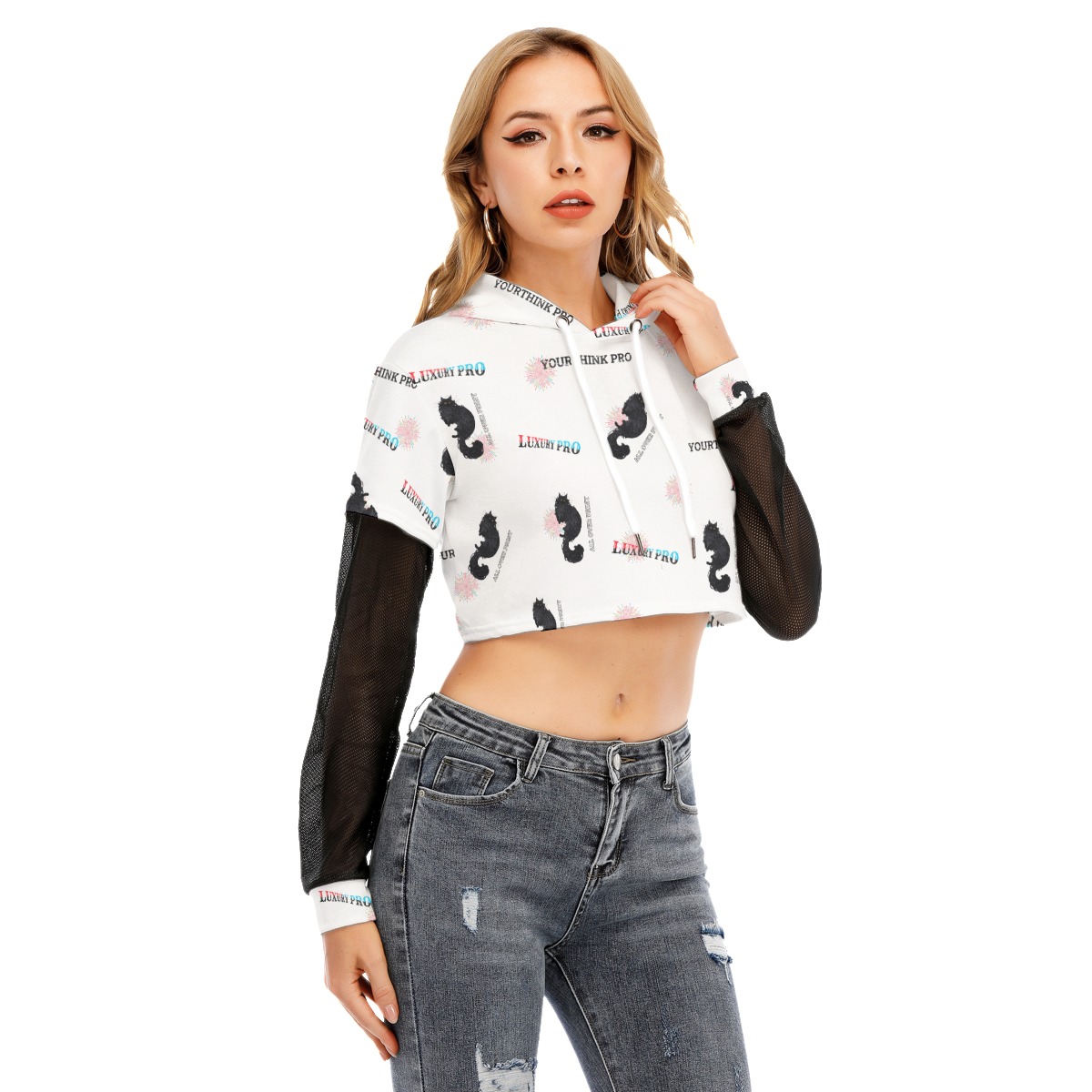 Women's Fake Two-piece Mesh Sleeve Cropped Hoodie
